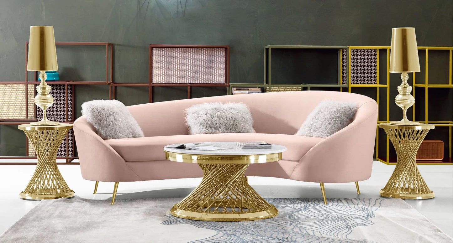 Diamond Sofa Celine Curved Sofa with Contoured Back in Blush Velvet and Gold Metal Legs |Living Room Sofa