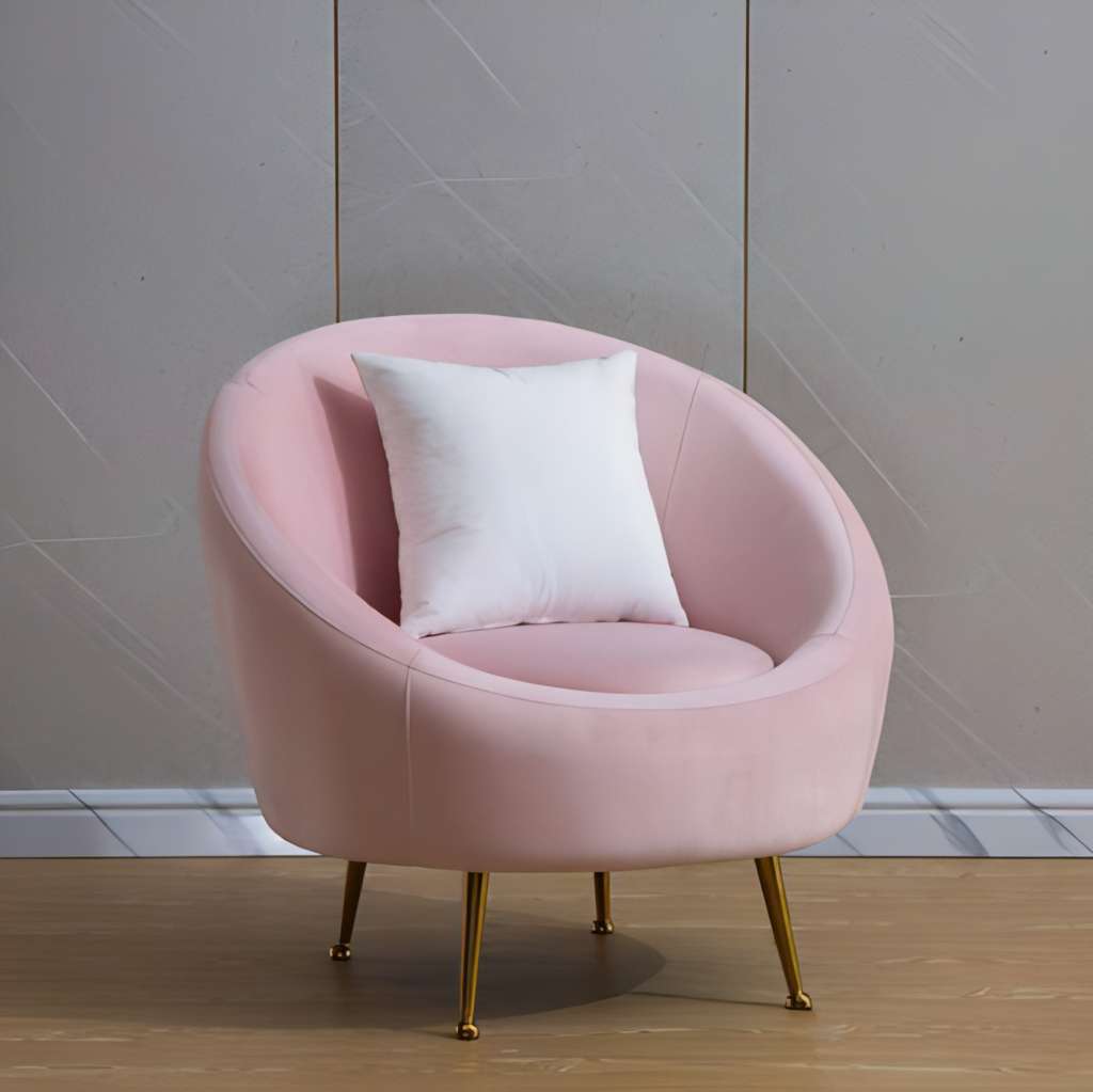Living Room Armchair with Contoured Back in Velvet Fabric, Piped Stitching and Gold Legs