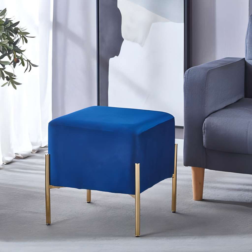 Contemporary Glam Navy Velvet Fabric Upholstered and Gold Metal Legs Ottoman Chair