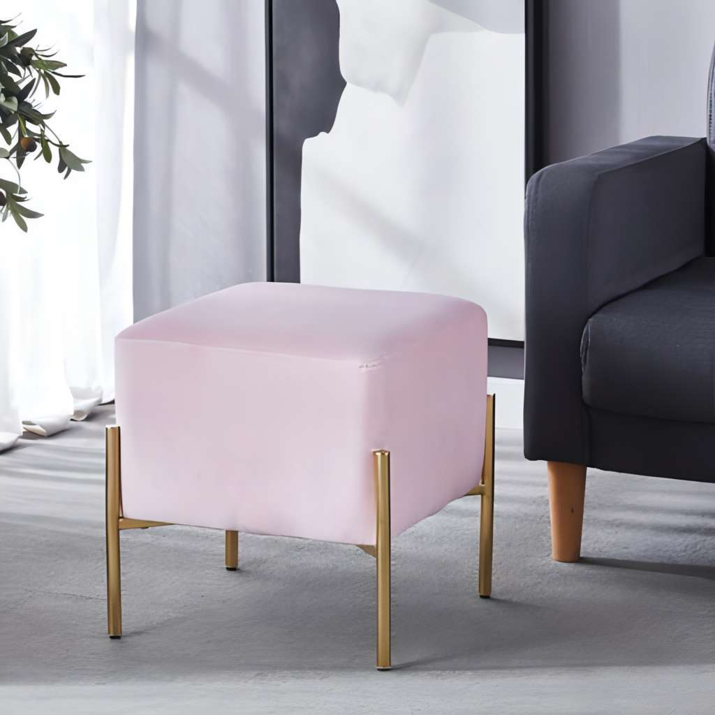 Contemporary Glam Navy Velvet Fabric Upholstered and Gold Metal Legs Ottoman Chair