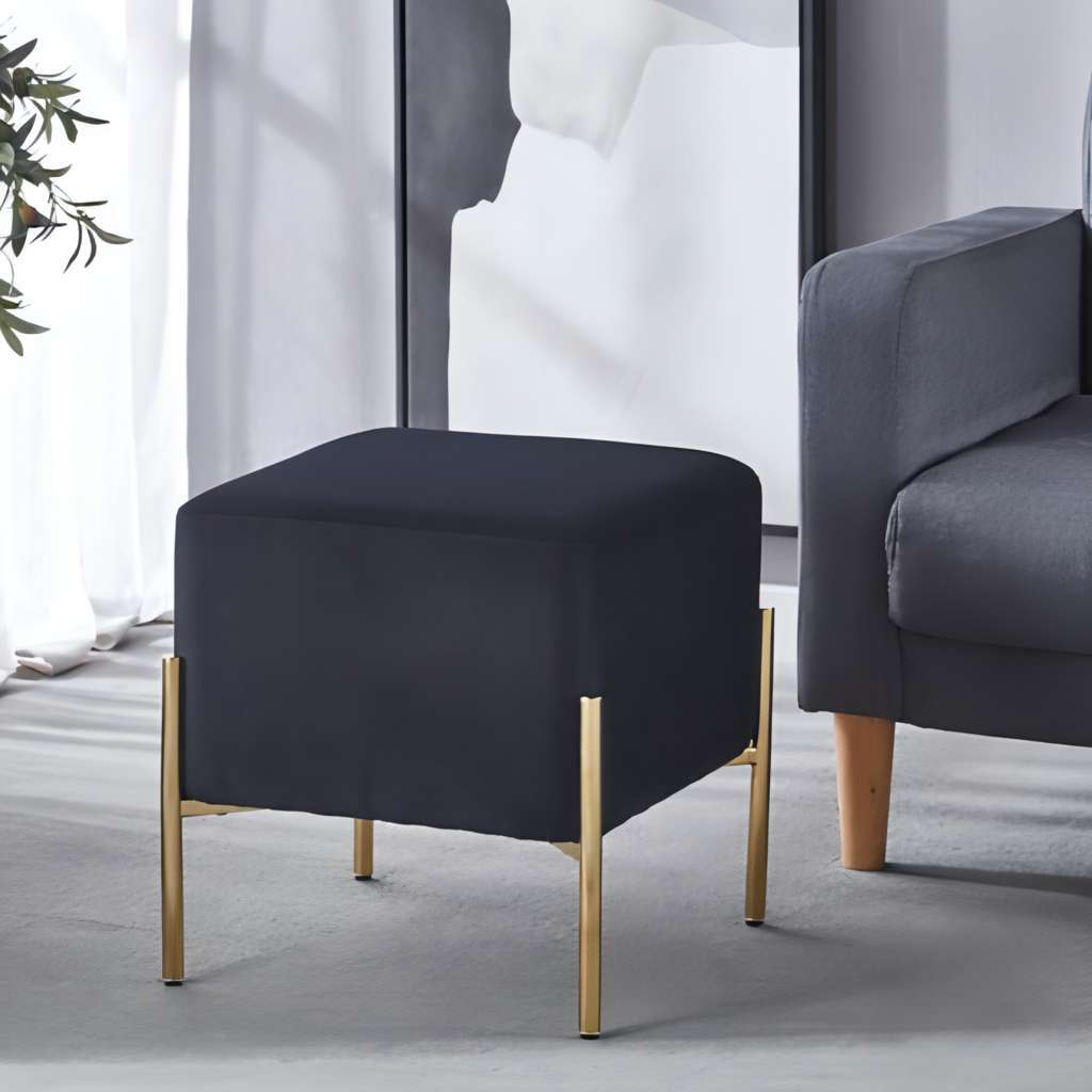 Contemporary Glam Navy Velvet Fabric Upholstered and Gold Metal Legs Ottoman Chair