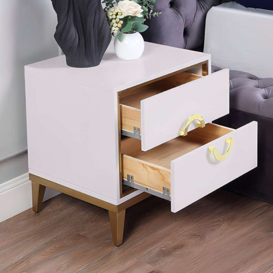 Nightstand with 2 Drawer, Modern White Gold Legs