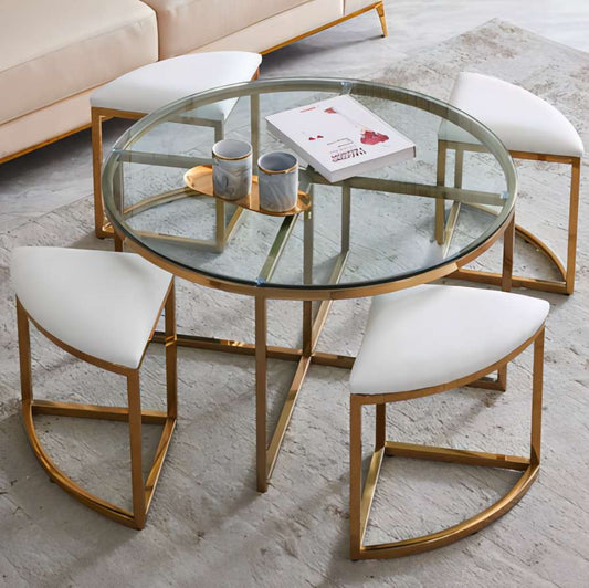 Glass Top Round Coffee Table & 4 Upholstered Stools