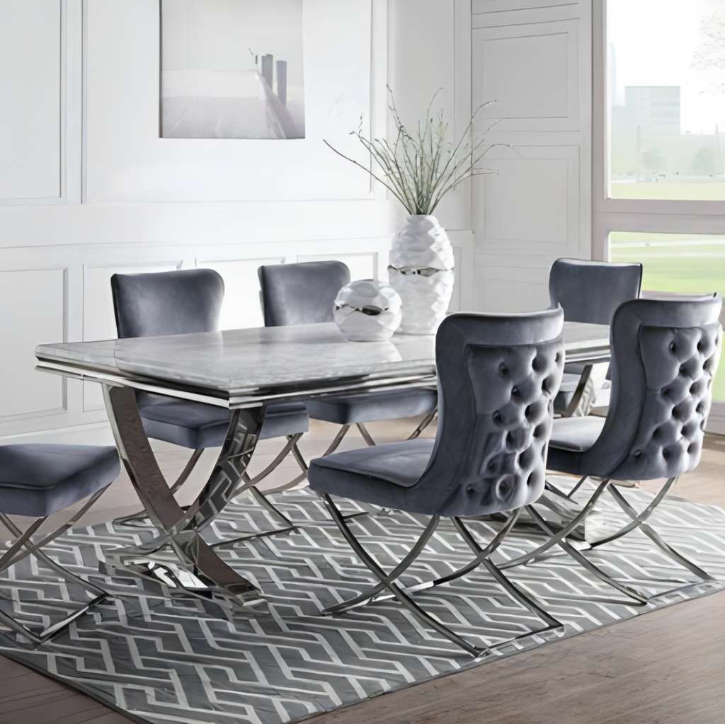 Furniture of America Wadenswil Faux Marble Dining Table in Chrome