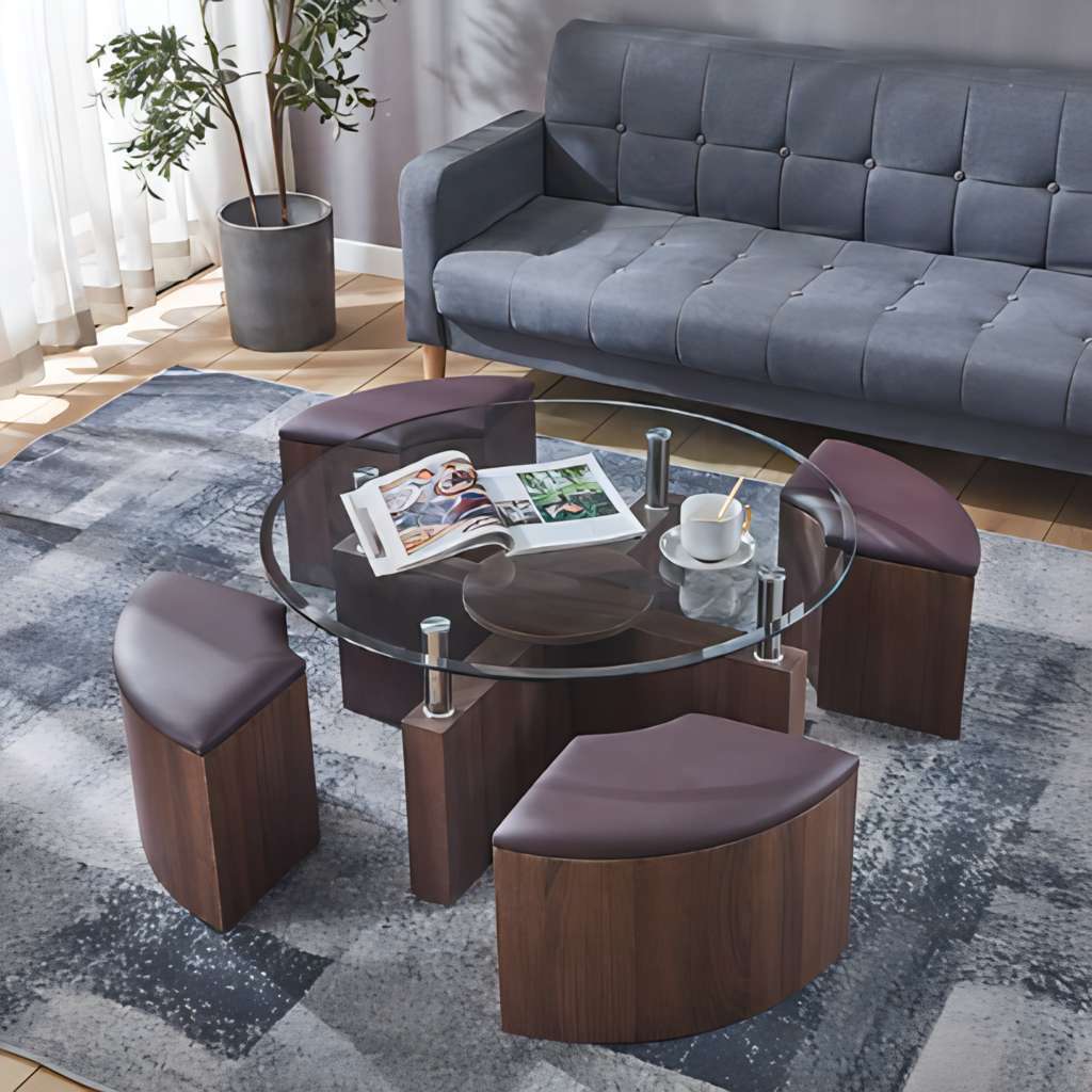 Glass Top Round Coffee Table & 4 Upholstered Stools