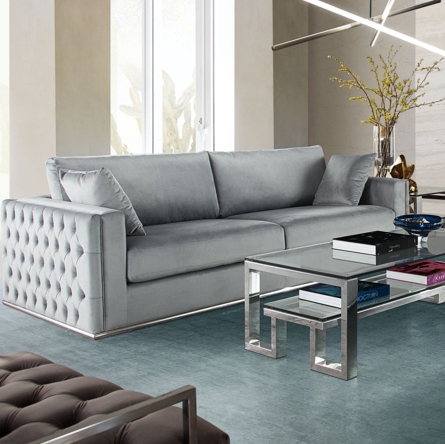 91' Envy Platinum Grey Velvet Sofa