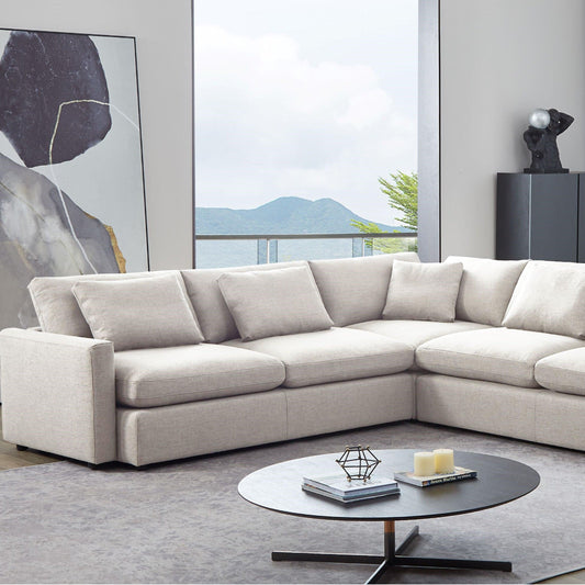 dionefurniture.myshopify.com-White fabric Right/Left Sectional Down-filled Sofa, Solid Wood Base